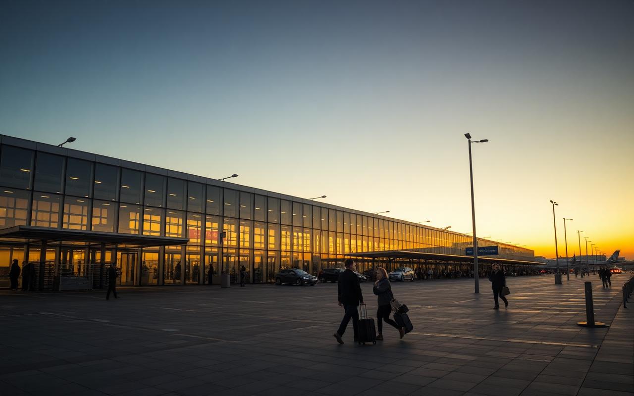 Luchthaven terminal bij zonsopgang